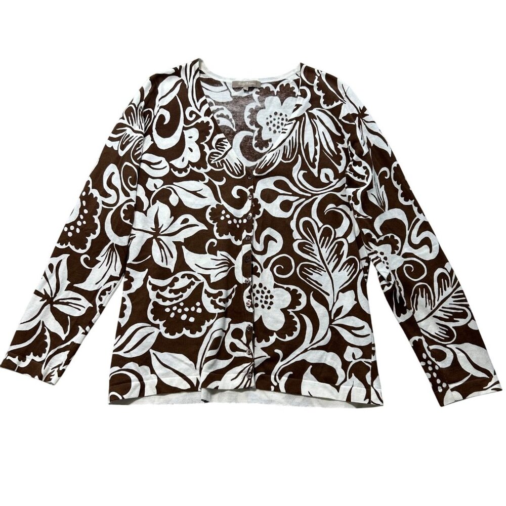 Tommy Bahama Women's Large Brown & White Floral Button Front Cardigan